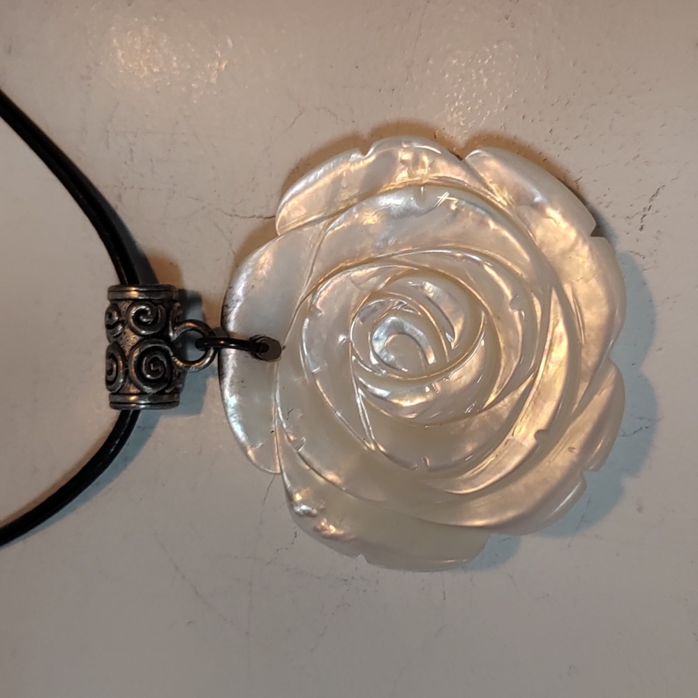 Carved Mother Of Pearl Rosette & Sterling Silver  necklace